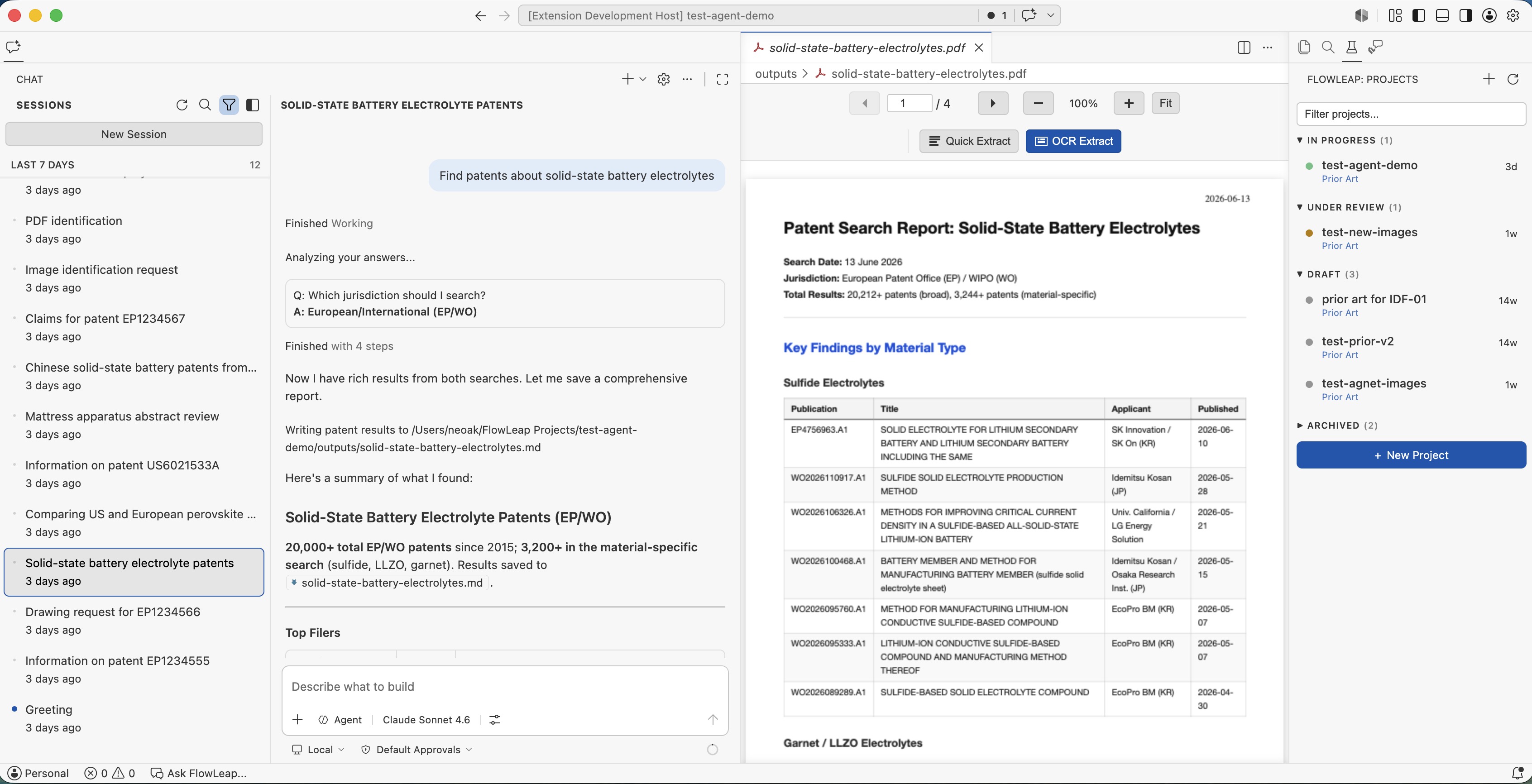 FlowLeap running a prior-art search: the agent steps, the saved report, and the projects workflow panel.